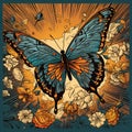 A beautiful butterfly tattoo with sun rays and lovely flowers in light bronze and cyan color. Generative AI Royalty Free Stock Photo