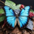 Beautiful butterfly on wooden background, closeup. Blue morpho butterfly