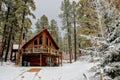 Snowy cabin in the woods
