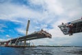 beautiful cable-stayed bridge in the construction process. summe Royalty Free Stock Photo