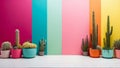 beautiful cacti in colored pots on a multi-colored wall background Royalty Free Stock Photo