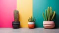 beautiful cacti in colored pots on a multi-colored wall background Royalty Free Stock Photo