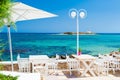 Beautiful cafe on the beach in Crete, Greece. Royalty Free Stock Photo