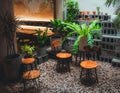 Beautiful cafe interior with stools, potted plants, and decorations in Ho Chi Minh City, Vietnam