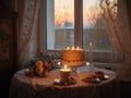 Beautiful cake, candles and tea set on table by the window at sunset Royalty Free Stock Photo