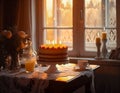 Beautiful cake, candles and tea set on table by the window at sunset Royalty Free Stock Photo