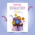 Beautiful cake with chocolate and candies and confetti. Holiday Invitation Vector Template Royalty Free Stock Photo