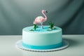 Beautiful cake, decorated with a figure of pink flamingos in the pond. Concept of the Original design of desserts
