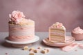 Beautiful cake with floral decoration and a piece of cake on a white plate on a light pastel background. Wedding cake Birthday
