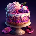 Beautiful cake with flowers and berries on a dark background. 3d rendering Generative AI dessert ai