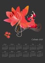 Beautiful calendar design for 2020 year with dancing girl, big lily flower and treble clef on black background Royalty Free Stock Photo