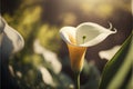 Beautiful calla lily flower in the garden at sunset.