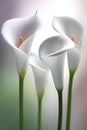 Beautiful calla lily flowers on blurred background, closeup