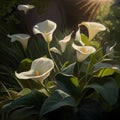 Beautiful calla lily flowers in the garden at sunset.