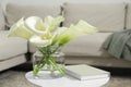 Beautiful calla lily flowers in glass vase and book on white table indoors Royalty Free Stock Photo