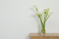 Beautiful calla lily flowers in glass vase on wooden table near white wall. Space for text Royalty Free Stock Photo