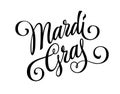 Beautiful calligraphy style lettering inscription - Mardi Gras - in playful, yet sophisticated font. The design surrounded by a