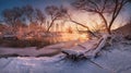 Beautiful calm evening on the small winter river, surrounded by overhanging trees. Winter landscape with a frozen river