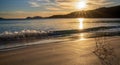 Beautiful and calm golden sand beach with small waves lapping at the shore and driftwood coral at sunset Royalty Free Stock Photo