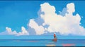 a beautiful calm lofi inspired anime illustration of a worker standing in his boat in the ocean, white clear clouds, ai generated