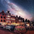 Beautiful calm night view of Amsterdam city. Photo greeting card