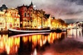 Beautiful calm night view of Amsterdam city. The works in the st Royalty Free Stock Photo