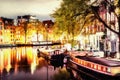 Beautiful calm night view of Amsterdam city. The works in the st Royalty Free Stock Photo