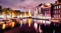 Beautiful calm night view of Amsterdam city. The works in the st Royalty Free Stock Photo