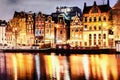 Beautiful calm night view of Amsterdam city. The works in the st Royalty Free Stock Photo