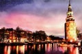 Beautiful calm night view of Amsterdam city. The works in the st Royalty Free Stock Photo