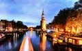 Beautiful calm night view of Amsterdam city. The works in the st Royalty Free Stock Photo