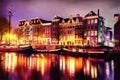 Beautiful calm night view of Amsterdam city. The works in the st Royalty Free Stock Photo