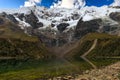 Beautiful, calm and symmetric water reflection of the Salkantay mountain range on the cold waters of the Humantay lake