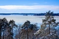 Beautiful calm and tranquil winter landscape mountain view with snowy tree and lake with blue sky horizon Royalty Free Stock Photo