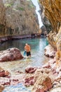 Beautiful calm turquoise tropical water of Matapa Chasm Niue