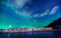 Beautiful calmness starry night sky with seashore pier