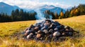 beautiful campfire in the middle of a meadow by day