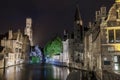 Beautiful canal and traditional houses at dusk in the old town of Bruges Brugge, Belgium Royalty Free Stock Photo