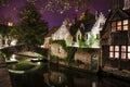 Beautiful canal and traditional houses at night in the old town of Bruges Brugge, Belgium Royalty Free Stock Photo