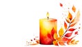 Beautiful candle with leaves and copy space on white autumn card digital art illustration Royalty Free Stock Photo