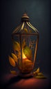 Beautiful candle light in a old style wired lamp. Generative AI illustration