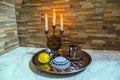 Beautiful candlestick with burning candles Royalty Free Stock Photo