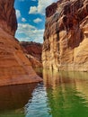 Beautiful canyon cliff-lined  and lonely rocks from a boat in Glen Canyon National Recreation Area Lake Powell Arizona Royalty Free Stock Photo
