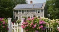 Charming Cape Cod House with Solar Panels and Hydrangeas Royalty Free Stock Photo
