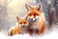 A beautiful and captivating painting showcasing two foxes in a serene snowy environment, Two small cute foxes in the snow, an