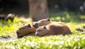 Beautiful capybaras resting outdoors on sunny day Royalty Free Stock Photo