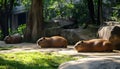 Beautiful capybaras resting outdoors on sunny day Royalty Free Stock Photo