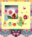 Beautiful card with dragon, princess, fairy house and elements for teatime