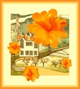 Beautiful card with drawing of house in warm tones and bright orange cosmos flowers