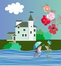 Beautiful card with light green castle, river and cute cartoon fish.